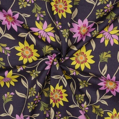 Voile de coton fleurs-Purple Foncé - La boite à tissus