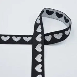 Bande élastique avec coeurs - argent noir 25mm - La boite à tissus