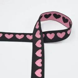 Bande élastique avec coeurs - noir rose 25mm - La boite à tissus