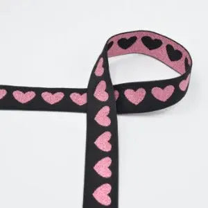 Bande élastique avec coeurs - noir rose 25mm - La boite à tissus