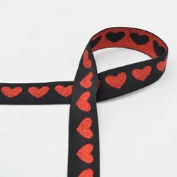 Bande élastique avec coeurs - noir rouge 25mm - La boite à tissus