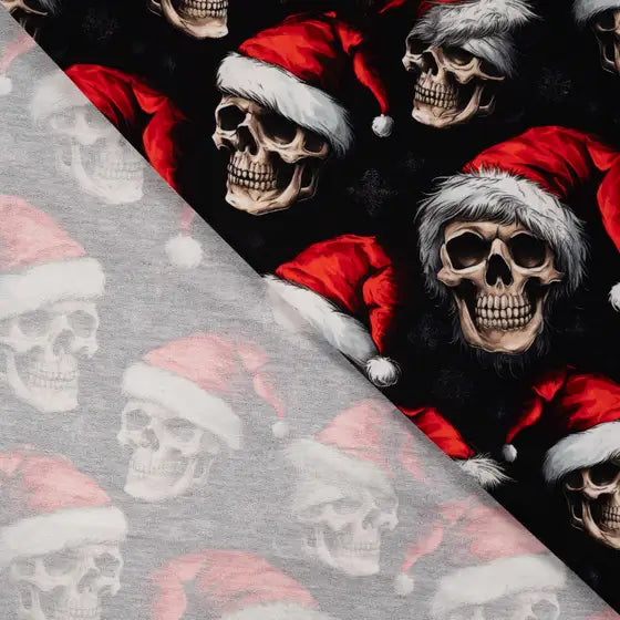 French Terry imprimé -Christmas Tête de mort- Noir