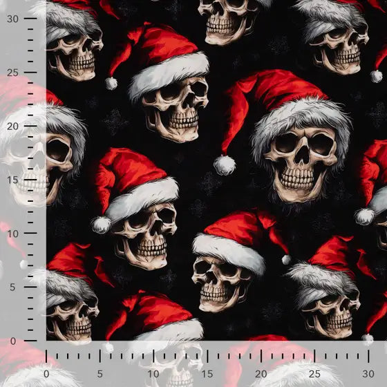 French Terry imprimé -Christmas Tête de mort- Noir