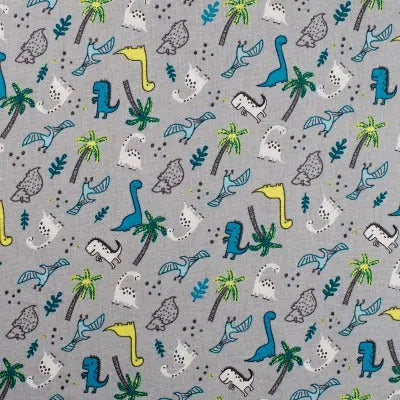 Coton Popeline imprimé petits dinos sur fond gris - La boite à tissus