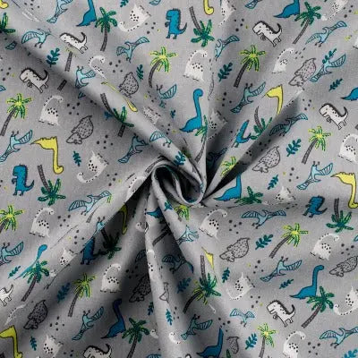 Coton Popeline imprimé petits dinos sur fond gris - La boite à tissus