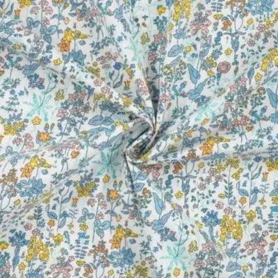Coton popeline champs fleuri-Denim - La boite à tissus
