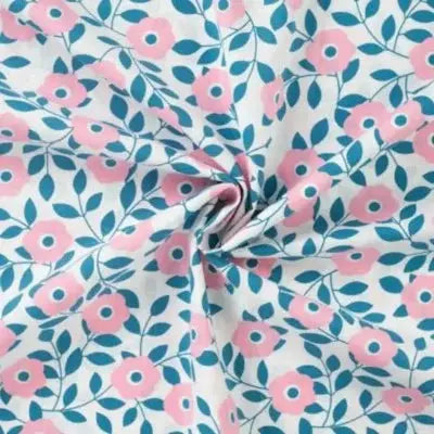 Coton popeline primevère rose feuilles denim - La boite à tissus