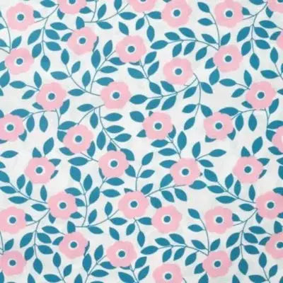 Coton popeline primevère rose feuilles denim - La boite à tissus