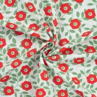 Coton popeline primevère rouge  feuilles khaki - La boite à tissus