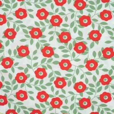 Coton popeline primevère rouge  feuilles khaki - La boite à tissus