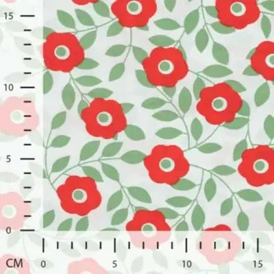 Coton popeline primevère rouge  feuilles khaki - La boite à tissus