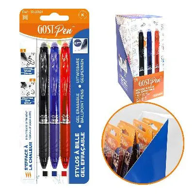 Gost Pen -Stylos à bille gel effaçable 0.7mm set 3 pcs - Noir/Marine/Rouge - La boite à tissus