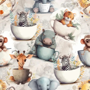 Jersey de coton Digital - Animaux dans des tasses écru