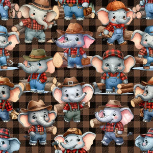 French Terry  imprimé Digital - Éléphants mignons marron foncé - La boite à tissus