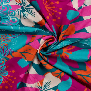Voile de viscose Ibiza-Panneau à rayures et bordures fleuries orange - La boite à tissus