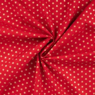Popeline de coton Noël imprimé étoiles dorées - Rouge - La boite à tissus