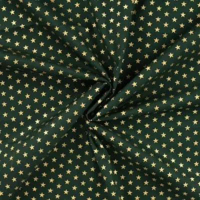 Popeline de coton Noël imprimé étoiles dorées - Vert - La boite à tissus